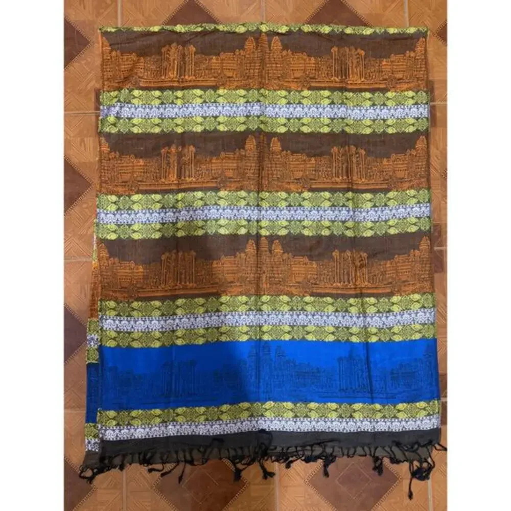 Vintage 100%‎ New Silk Scarf of Angkor Wat Temple in Cambodia